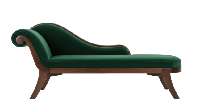 Elegant green velvet chaise lounge isolated on white, luxurious vintage style daybed for relaxation and interior design projects