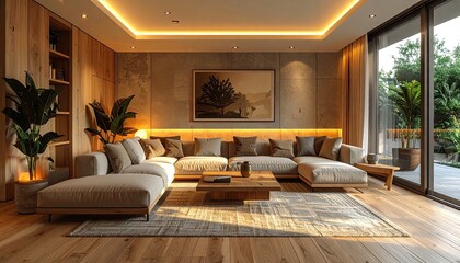 Bright Living Room Interior with Beige Sectional Sofa Rug Wood Paneling and Natural Light Streaming Through Large Windows Neutral Tones and Minimalist Style
