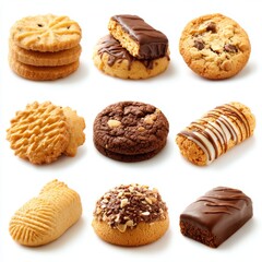 A variety of delicious cookies displayed in a visually appealing arrangement, inviting to indulge in their diverse flavors and textures. 