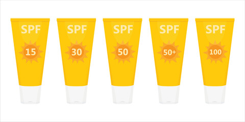Various SPF level set. Sun cream sunscreen lotion, yellow bottle tube package design collection