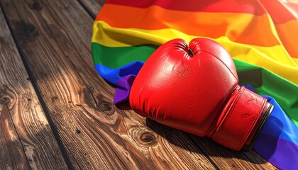 red boxing glove placed beside rainbow flag