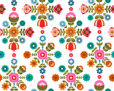 bright cute colorful nordic geometric flowers blooms foliage in pink orange yellow green aqua on transparent background seamless pattern, vector illustratin repeat design print