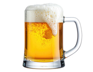 A full clear mug of golden beer with a thick foamy head, isolated on black