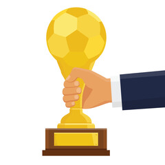 Hand hold golden soccer trophy. Golden champion cup isolated on white background. Championship trophy