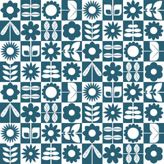 geometric checkerboard with geo abstract blooms flowers leaves foliage in dusty blue and white seamless pattern, vector illustration repeat mid mod design print