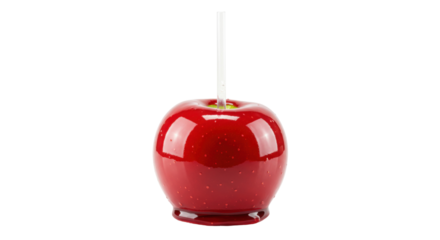 Shiny red candy apple isolated on white, sweet dessert treat with stick for autumn holiday celebration PNG