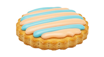Delicious round cookie with blue and peach frosting isolated, sweet treat for dessert or snack on transparent background