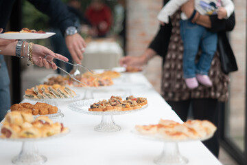 Elegant buffet spread with diverse appetizers served at a private gathering with guests enjoying the culinary offerings and socializing in a warm and inviting atmosphere