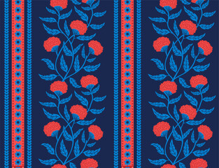 elegant  cobalt blue and red  on dark navy climbing wildflowers seamless pattern, hand drawn vector illustration floral stripes repeat design print