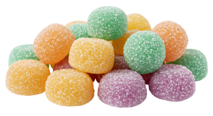 Colorful sugar coated gumdrops isolated, assorted fruit flavored candy on no background, sweet confectionery treat