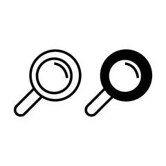 Two magnifying glass icons are displayed, one with a filled interior and the other with a simple outline, both symbolizing search and discovery, set against a white background.