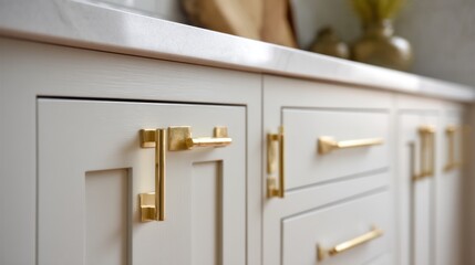 Close-up of off-white shaker-style kitchen cabinets featuring sleek, brushed gold hardware; drawers and doors showcase varied pulls and knobs