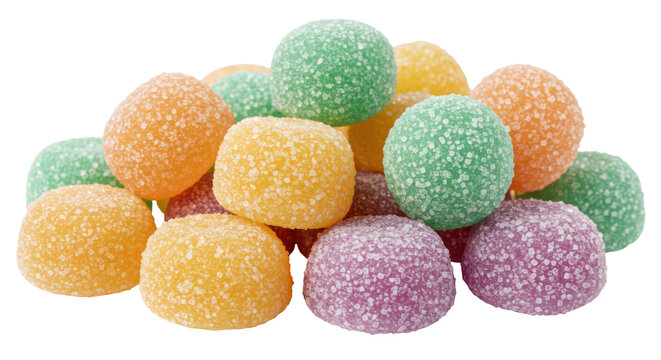 Colorful sugar coated gumdrops isolated, assorted fruit flavored candy on no background, sweet confectionery treat