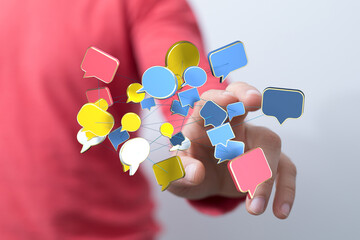 Person touching 3D message bubbles representing communication, connection, technology, social...