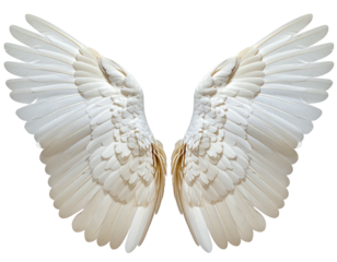 Fluffy white wings spread wide, a symbol of flight, freedom, and grace against black