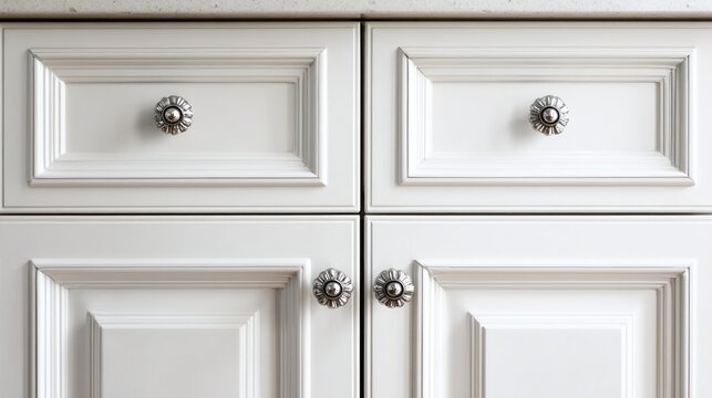 Close-up of two creamy-white drawers and two matching cabinet doors with ornate silver knobs, showcasing detailed raised paneling and a subtly textured countertop edge