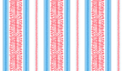 coastal coral branches stripes in blue and red seamless pattern, vector illustration repeat design print