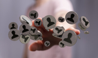 Hand reaching out to connect with people represented by social media avatars. Illustration of...