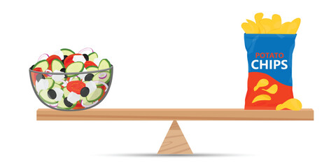Healthy food and junk food balance on scale. Healthy vs junk food balance – package of potato chips and salad