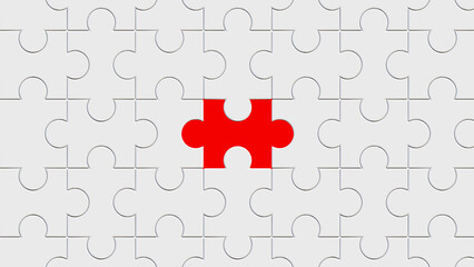 Fototapeta premium Jigsaw puzzle with missing piece on a red background. Solution concept. Set of puzzle pieces. A puzzle with a missing piece. Abstract puzzle background.