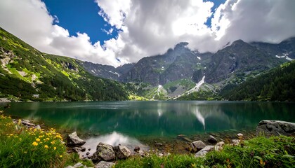 Mountain lake reflected in calm water under dramatic sky
