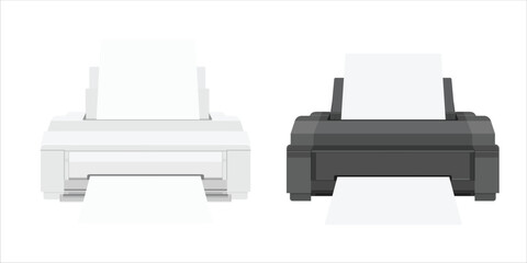 Printer with white paper, isolated on white background. Printer icon. Realistic printer