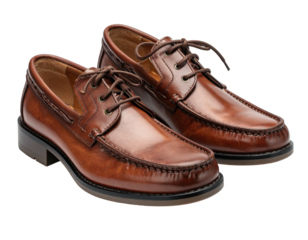 Pair of leather brown boat shoes, laced, stitched detailing. Isolated on black