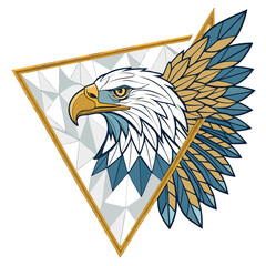 Eagle head and wings rendered in a geometric, stained glass style.