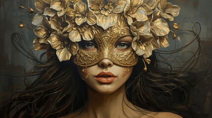 Painting of girl in golden mask with flowers
