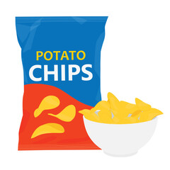 Potato chips package and plate of chips, isolated on white background. Chips bag and bowl filled with pile of crisps