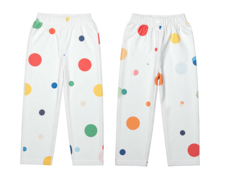 Two views of white pants with colorful polka dots, front and back perspective