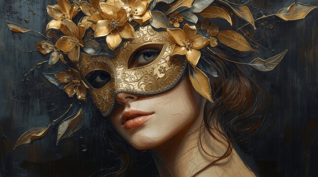 Painting of girl in golden mask with flowers - Powered by Adobe
