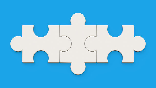 Jigsaw pieces on a blue background. 3 pieces puzzle design on a blue background. Blank white jigsaw and puzzle template.