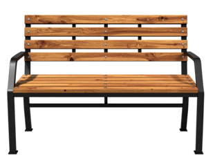 Outdoor park bench with wooden slats, black metal frame, and armrests, isolated