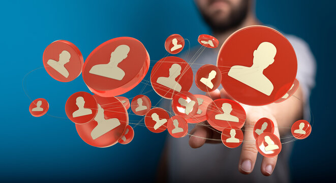 Conceptual image of a man reaching for a social network connection representing communication in the digital age