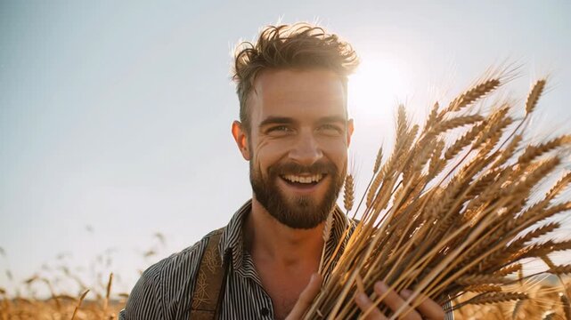 4k video of a farmer holding wheat.