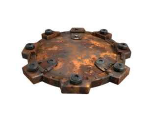 A rusty, circular metal hatch with bolts, and surface wear against a black background