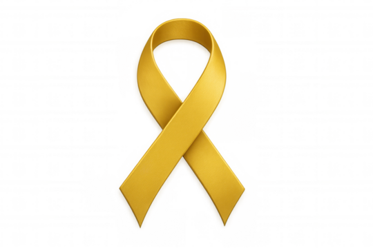 Yellow awareness ribbon representing hope and support for childhood cancer, military troops, and suicide prevention on transparent background