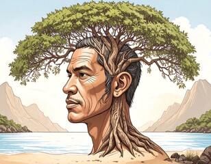 Profile portrait of a man, tree growing from head, serene beach background