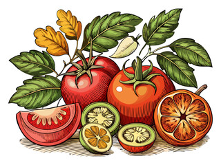 Vintage Hand Drawn Tomato Collection with Whole, Slice, Branch and Ketchup Bowl Illustration Isolated.