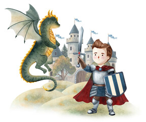 Watercolor illustration of a knight facing a dragon near medieval castle. Perfect for children books, fairy tales, posters, cards, invitations, scrapbooking, decor and games.