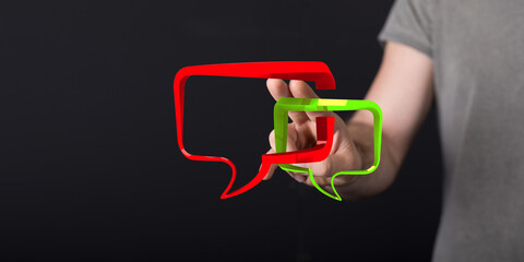 An illustration of interconnected communication depicted with rendered speech bubbles, representing dialogue and connection.