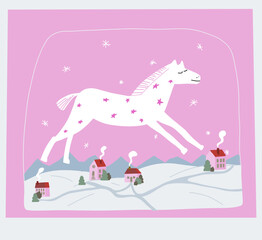 Flying Christmas Horse over Winter City. Cute Magical Holiday Illustration with Snowy Town, Cozy Cottages, Festive Lights and Winter Wonderland Vibes. Hand-Drawn Doodle Art for Posters and Cards