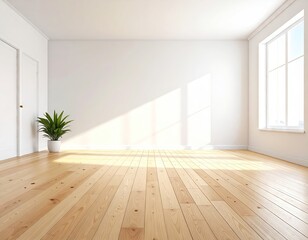 Bright Empty Room with White Walls and Wood Floor with Natural Light Streaming Through Window Minimalist Interior Design