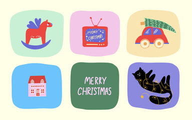 Christmas Illustration with Festive Symbols. Tree, Cat with Garland, Cute House, TV, Horse. Playful Hand-Drawn Doodle Art for Holiday Posters, Greeting Cards, Stickers, Social Media Design