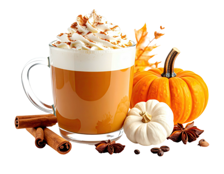 Orange beverage with whipped cream, pumpkin, spices, and cinnamon sticks on dark background