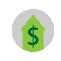A green upward-pointing arrow, shaped like a house, with a dollar sign overlay, set against a grey circle.