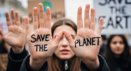 Young woman holds hands up with save the planet written on them