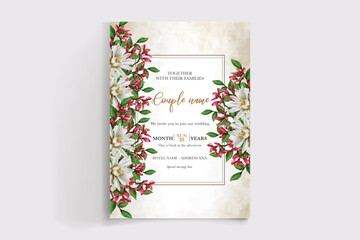 WEDDING INVITATION FRAME WITH FLOWER DECORATIONS AND FRESH LEAVES
