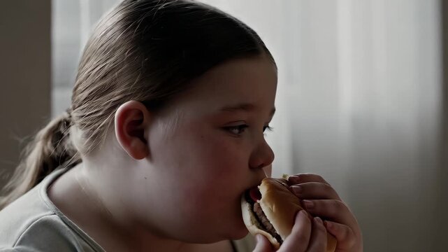 Overweight white teen girl eats hamburger in side-profile close-up. Young female with ponytail takes bite from fast food meal. Scene focuses on consumption and unhealthy eating habits.